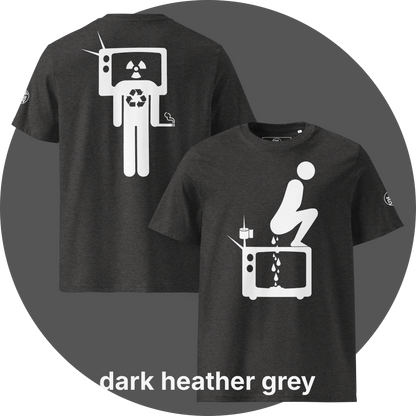 UN4RT dark heather grey organic cotton t-shirt shown from the front and back, front features a large white pictogram of a squatting person defecating onto a vintage television set with a toilet paper roll and antenna beside it, drops falling onto the screen, back features a large white stick figure with a vintage television as a head displaying a radiation hazard symbol, a recycling symbol on the chest, and a cigarette in one hand, small circular UN4RT logo visible on both left sleeves.
