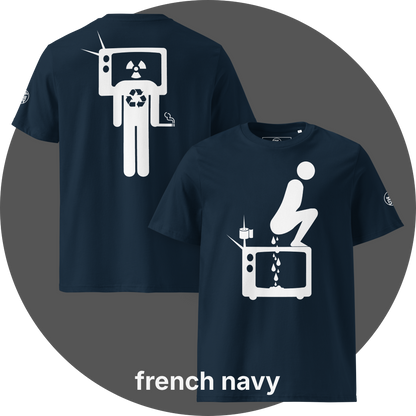UN4RT french navy organic cotton t-shirt shown from the front and back, front features a large white pictogram of a squatting person defecating onto a vintage television set with a toilet paper roll and antenna beside it, drops falling onto the screen, back features a large white stick figure with a vintage television as a head displaying a radiation hazard symbol, a recycling symbol on the chest, and a cigarette in one hand, small circular UN4RT logo visible on both left sleeves.
