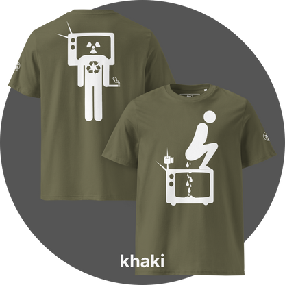 UN4RT khaki organic cotton t-shirt shown from the front and back, front features a large white pictogram of a squatting person defecating onto a vintage television set with a toilet paper roll and antenna beside it, drops falling onto the screen, back features a large white stick figure with a vintage television as a head displaying a radiation hazard symbol, a recycling symbol on the chest, and a cigarette in one hand, small circular UN4RT logo visible on both left sleeves.