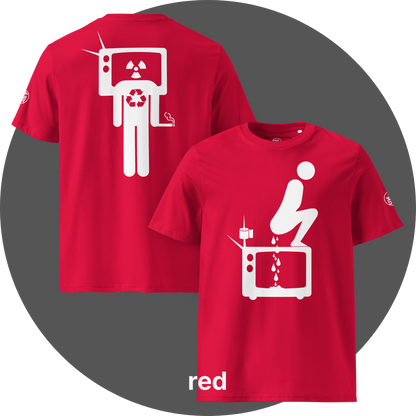 UN4RT red organic cotton t-shirt shown from the front and back, front features a large white pictogram of a squatting person defecating onto a vintage television set with a toilet paper roll and antenna beside it, drops falling onto the screen, back features a large white stick figure with a vintage television as a head displaying a radiation hazard symbol, a recycling symbol on the chest, and a cigarette in one hand, small circular UN4RT logo visible on both left sleeves.