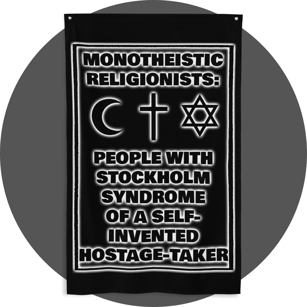 un4rt - the image shows a black flag with a metal eyelet as fastening points. the print on the flag is black with white underlying shadows. the print shows text and three religious symbols. 