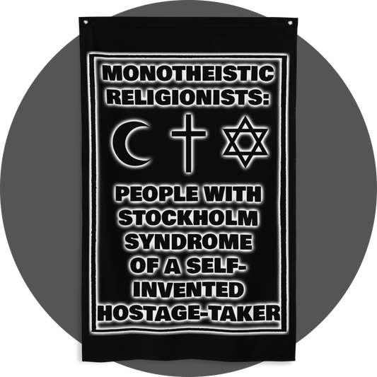 un4rt - the image shows a black flag with a metal eyelet as fastening points. the print on the flag is black with white underlying shadows. the print shows text and three religious symbols. 