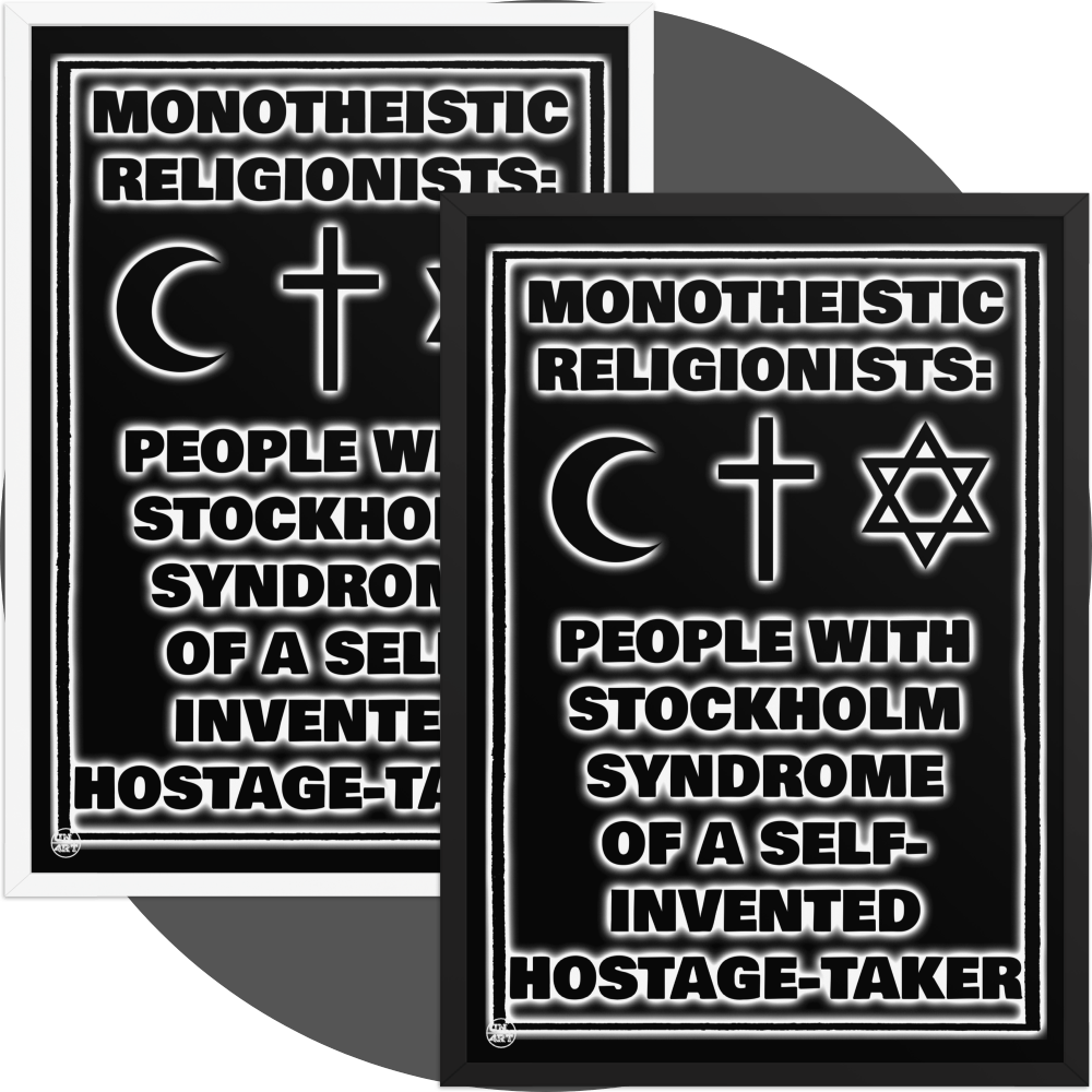 un4rt - two framed posters. one black, one white. the background of the poster is black and the print is also black but with white underlying shadows. the print shows text and three religious symbols. 