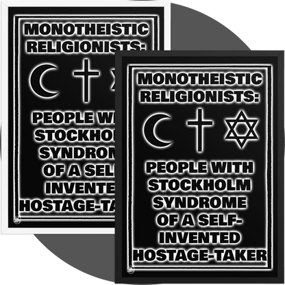 un4rt - two framed posters. one black, one white. the background of the poster is black and the print is also black but with white underlying shadows. the print shows text and three religious symbols. 