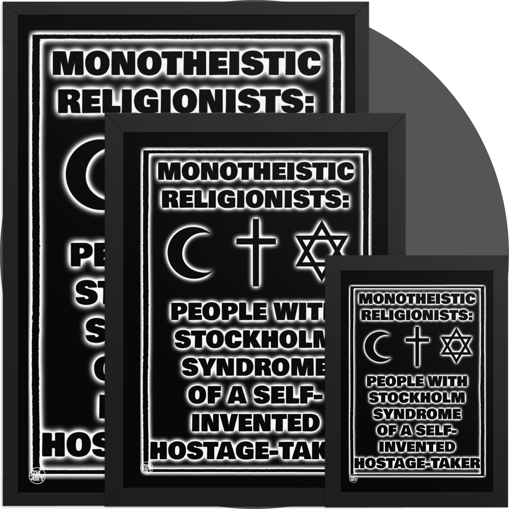 un4rt - a black framed poster in 3 different sizes. the background of the poster is black and the print is also black but with white underlying shadows. the print shows text and three religious symbols. 