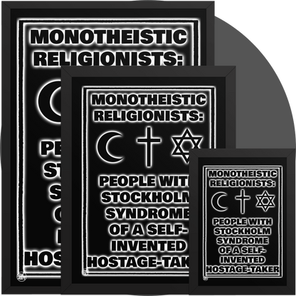 un4rt - a black framed poster in 3 different sizes. the background of the poster is black and the print is also black but with white underlying shadows. the print shows text and three religious symbols. 