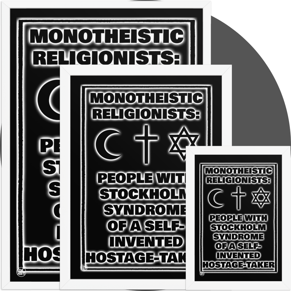 un4rt - a white framed poster in 3 different sizes. the background of the poster is black and the print is also black but with white underlying shadows. the print shows text and three religious symbols. 