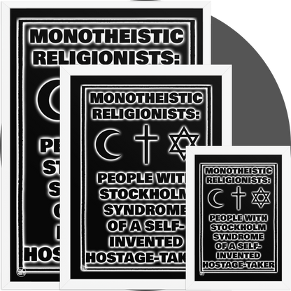 un4rt - a white framed poster in 3 different sizes. the background of the poster is black and the print is also black but with white underlying shadows. the print shows text and three religious symbols. 
