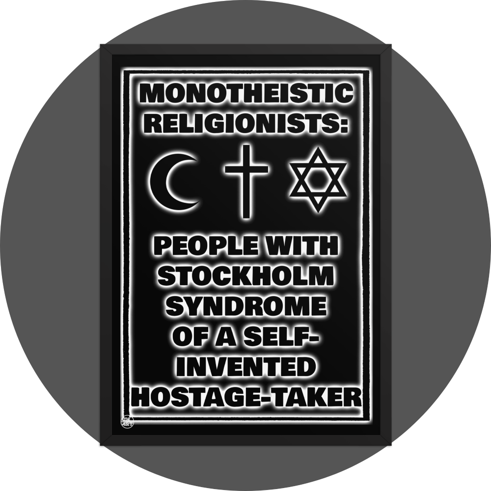 un4rt - the image shows a black framed poster. the background of the poster is black and the text is also black but with white underlying shadows. the print shows text and three religious symbols. 