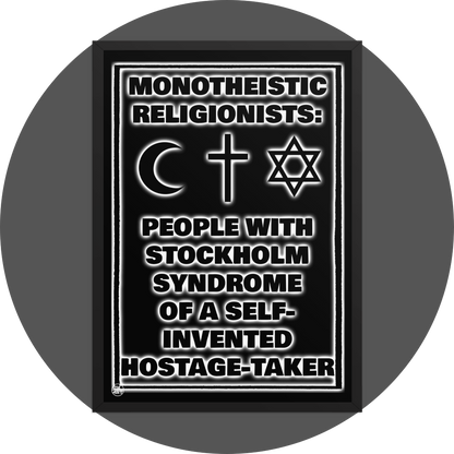 un4rt - the image shows a black framed poster. the background of the poster is black and the text is also black but with white underlying shadows. the print shows text and three religious symbols. 