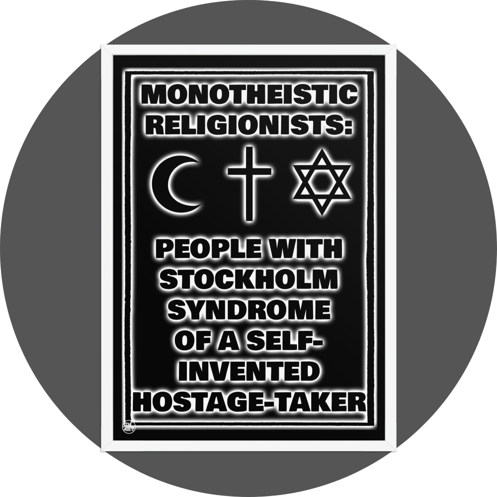 un4rt - the image shows a white framed poster. the background of the poster is black and the text is also black but with white underlying shadows. the print shows text and three religious symbols. 