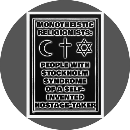 un4rt - the image shows a white framed poster. the background of the poster is black and the text is also black but with white underlying shadows. the print shows text and three religious symbols. 