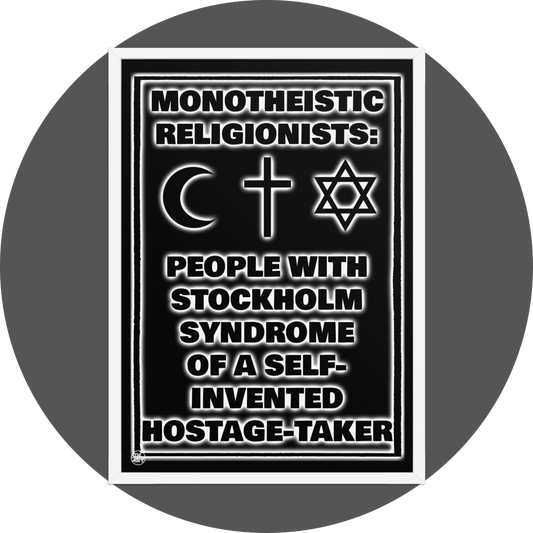un4rt - the image shows a white framed poster. the background of the poster is black and the text is also black but with white underlying shadows. the print shows text and three religious symbols. 
