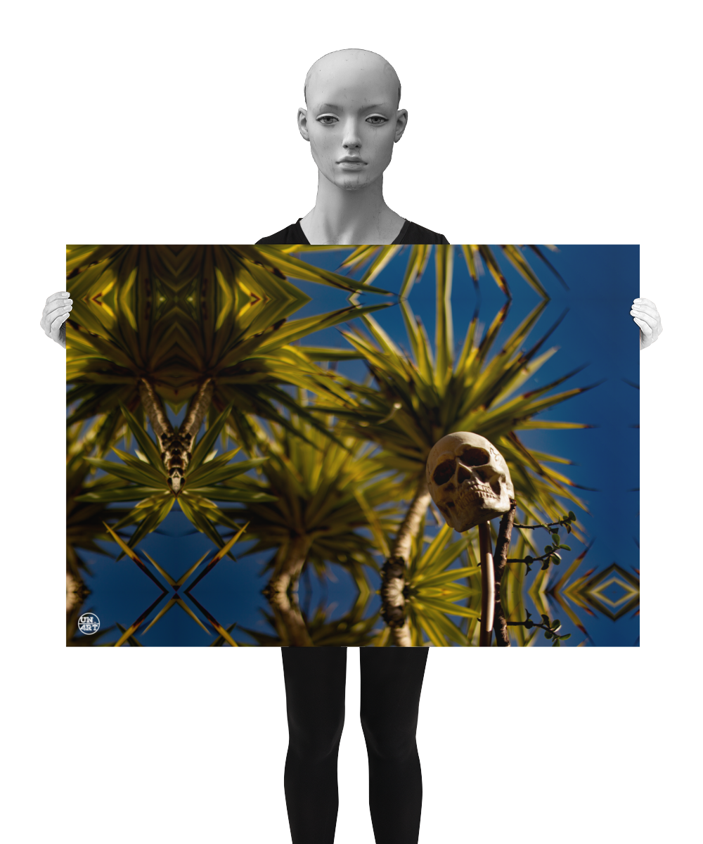 un4rt -a poster. a mirror-framed photographie of a skull on a stick. various yucca trees with a lot of leaves in the background and a blue sky. th poster is presented by a model in black and white.
