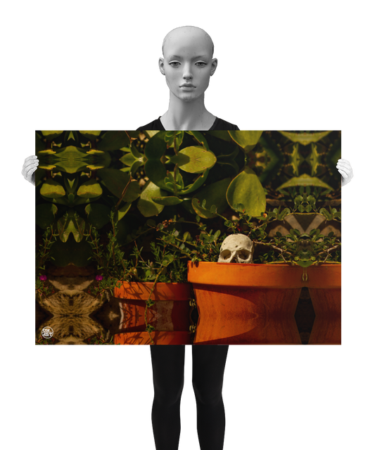 un4rt - a poster. a mirror-framed photographie of a tiny skull looking out of a flower pot. plants with small and big green leaves around the skull. the poster is presented by a model in black and white.