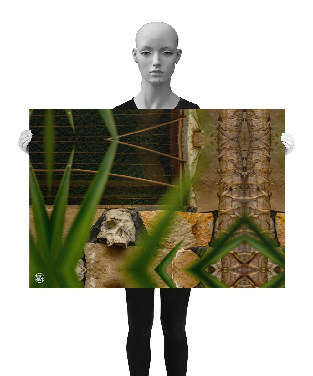un4rt - a poster. a mirror-framed photographie of a tiny and destructed skull inside a stone wall. there is a window above the skull and a trunk of a yucca tree next to it. some yucca leaves are covering the scene. the poster is presented by a model in black and white.