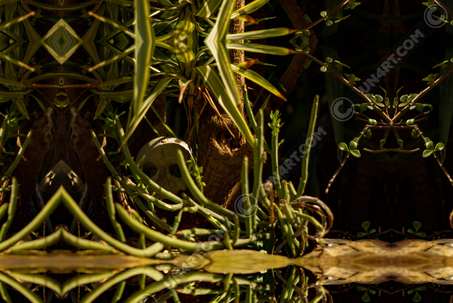 un4rt - a mirror-framed photographie of a tiny skull hidden in a tree trunk. the scener is surrounded by plants.