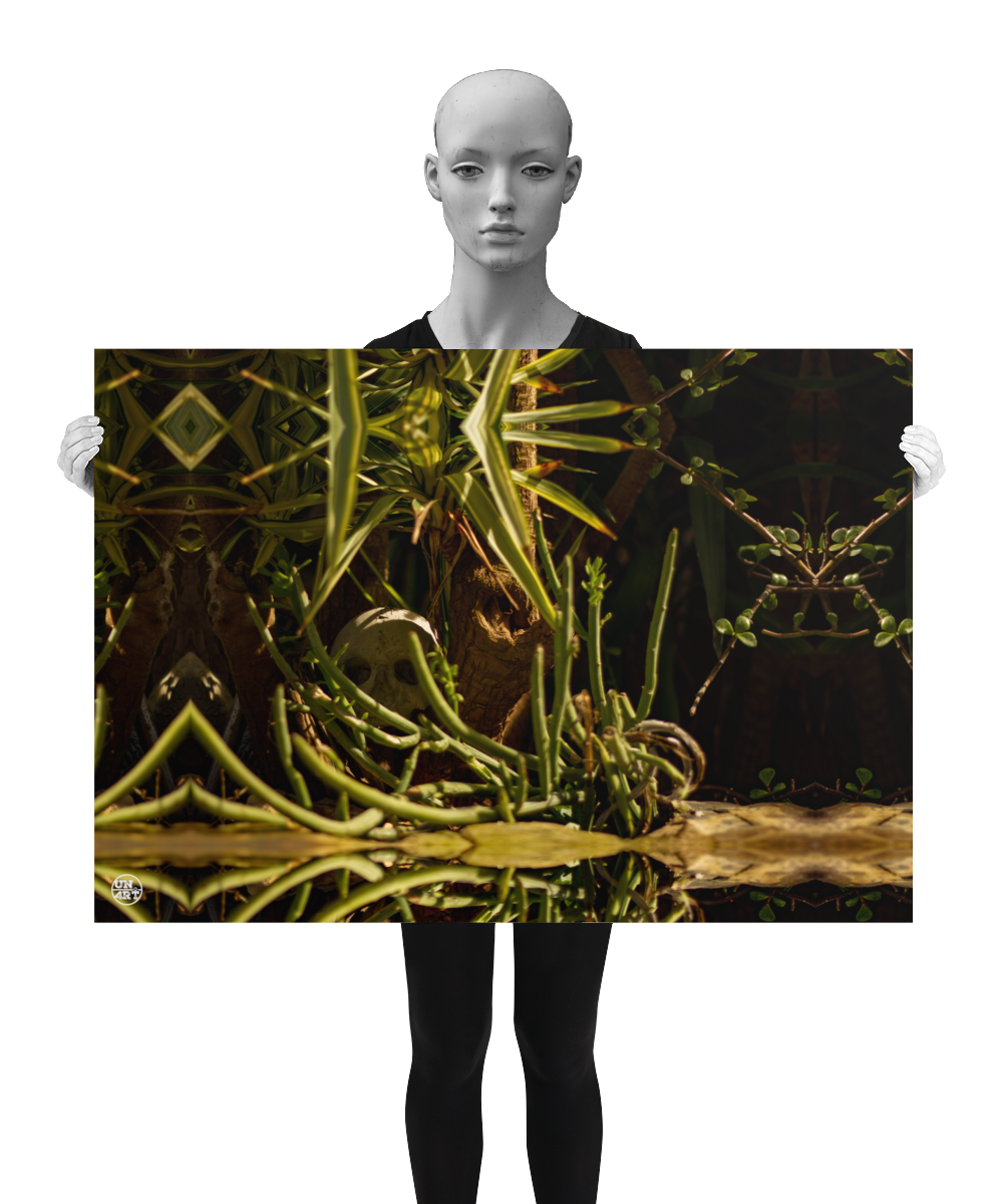 un4rt - a poster. a mirror-framed photographie of a tiny skull hidden in a tree trunk. the scener is surrounded by plants. the poster is presented by a model in black and white.