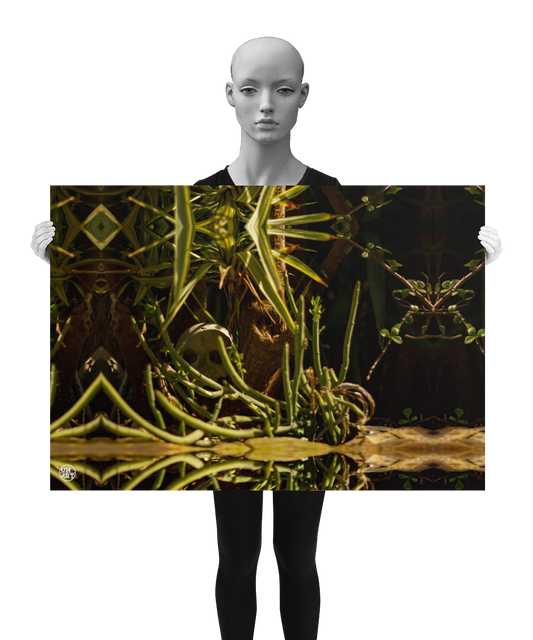 un4rt - a poster. a mirror-framed photographie of a tiny skull hidden in a tree trunk. the scener is surrounded by plants. the poster is presented by a model in black and white.