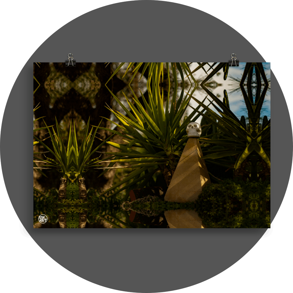 un4rt - a mirror-framed photographie of a tiny skull on top of a small pyramid. the skul is surrounded by plants. blurry background.