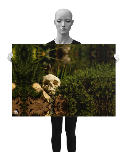 un4rt - a poster. a mirror-framed photographie of a skull on top of a stone wall. the skull is surrounded by plants with very small leaves. blurry background. the poster is presented by a model in back and white.