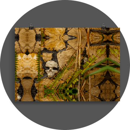 un4rt - a mirror-framed photographie of a skull embedded in a stone wall. the holes of the eyes are filled with concrete. some plants in front of the stone wall.