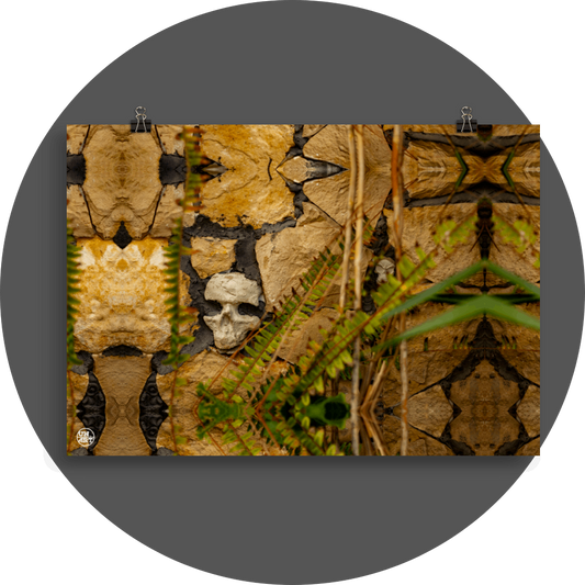 un4rt - a mirror-framed photographie of a skull embedded in a stone wall. the holes of the eyes are filled with concrete. some plants in front of the stone wall.