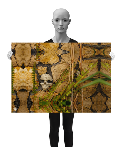 un4rt - a poster. a mirror-framed photographie of a skull embedded in a stone wall. the holes of the eyes are filled with concrete. some plants in front of the stone wall. the poster is presented by a model in black and white.