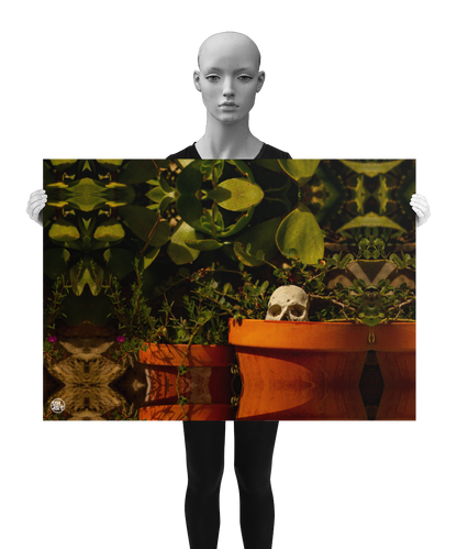un4rt - a poster. a mirror-framed photographie of a tiny skull looking out of a flower pot. plants with small and big green leaves around the skull. the poster is presented by a model in black and white.