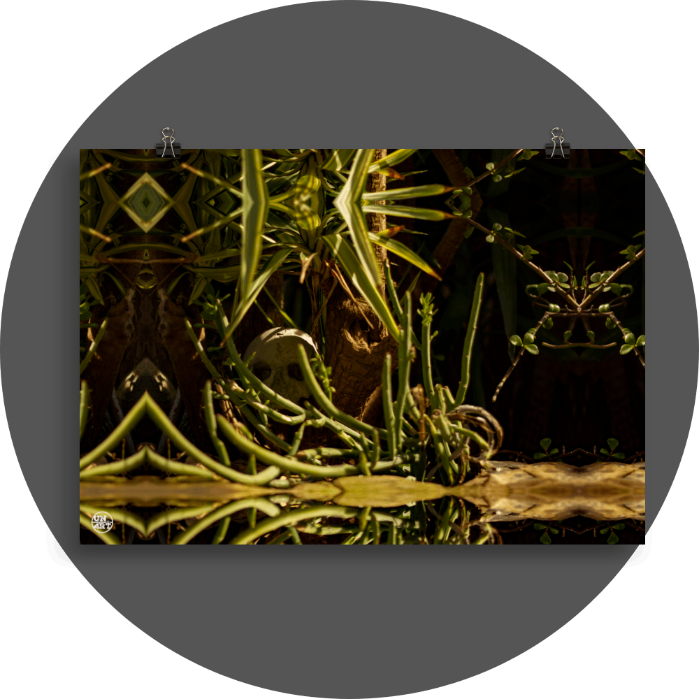 un4rt - a mirror-framed photographie of a tiny skull hidden in a tree trunk. the scenery is surrounded by plants.