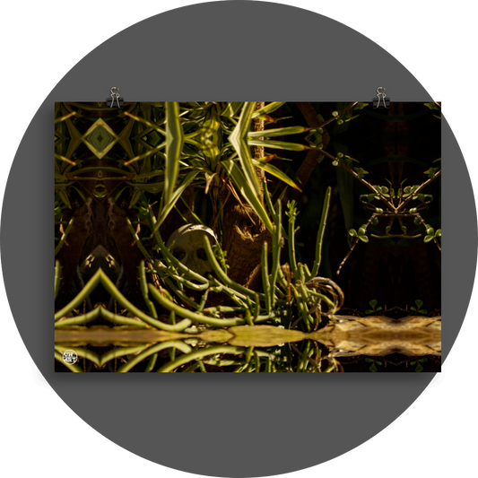 un4rt - a mirror-framed photographie of a tiny skull hidden in a tree trunk. the scenery is surrounded by plants.