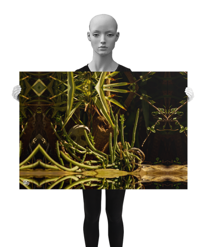 un4rt - a poster. a mirror-framed photographie of a tiny skull hidden in a tree trunk. the scener is surrounded by plants. the poster is presented by a model in black and white.