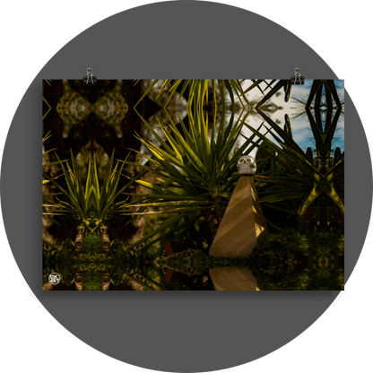 un4rt - a mirror-framed photographie of a tiny skull on top of a small pyramid. the skull is surrounded by plants. blurry background.