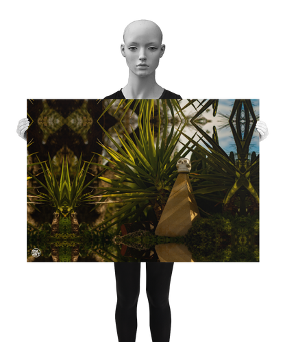un4rt - a poster. a mirror-framed photographie of a tiny skull on top of a small pyramid. the skull is surrounded by plants. blurry background. the poster is presented by a model in black and white.