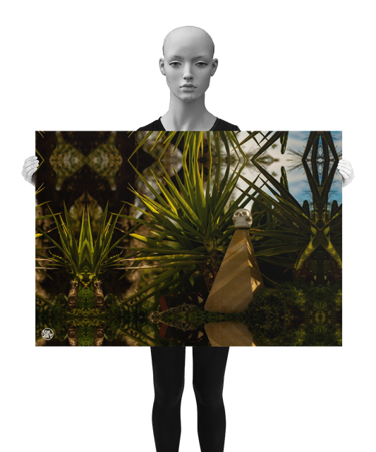 un4rt - a poster. a mirror-framed photographie of a tiny skull on top of a small pyramid. the skull is surrounded by plants. blurry background. the poster is presented by a model in black and white.