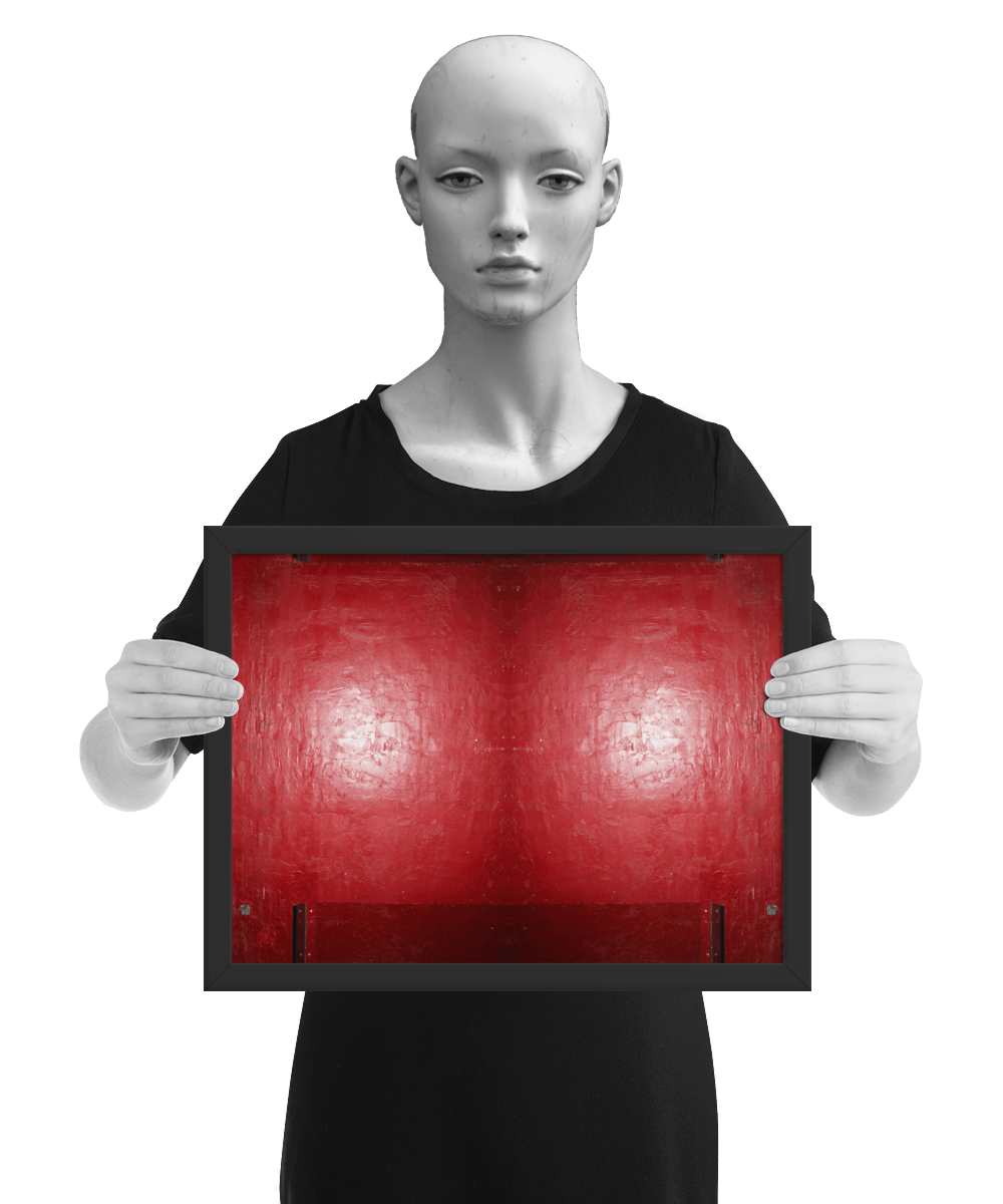 un4rt - the photographie is doubled and then mirrored to create the final image. the image shows a structured red wall with some signs of destruction and a bright reflection of a light in the center. darker parts on the top and the bottom. the image is framed and presented by a mannequin in black and white.