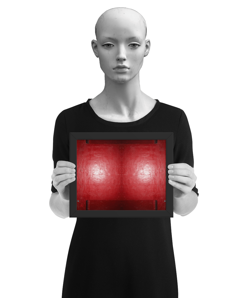 un4rt - the photographie is doubled and then mirrored to create the final image. the image shows a structured red wall with some signs of destruction and a bright reflection of a light in the center. darker parts on the top and the bottom. the image is framed and presented by a mannequin in black and white.