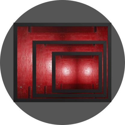 un4rt - the image shows 3 different sizes of the same photographie on top of each other. large size in the back, medium size in the middle and small size on top. the photographie is doubled and then mirrored to create the final image. the image shows a structured red wall with some signs of destruction and a bright reflection of a light in the center. darker parts on the top and the bottom.