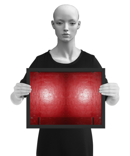 un4rt - the photographie is doubled and then mirrored to create the final image. the image shows a structured red wall with some signs of destruction and a bright reflection of a light in the center. darker parts on the top and the bottom. the image is framed and presented by a mannequin in black and white.