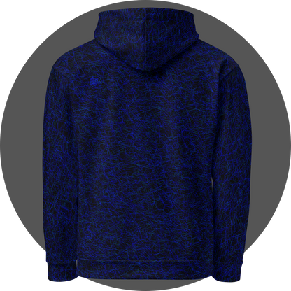 un4rt - the image shows the back of a hoodie with a chaotic grid network pattern of thin blue lines with some cyan accents. the background is black.