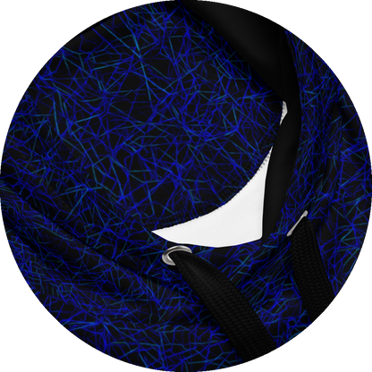 un4rt - the image shows details of a hoodie with a chaotic grid network pattern of thin blue lines with some cyan accents. the background is black.