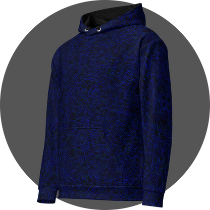 un4rt - the image shows the left front of a hoodie with a chaotic grid network pattern of thin blue lines with some cyan accents. the background is black.