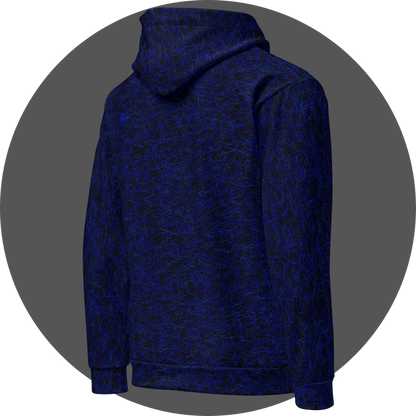 un4rt - the image shows the right back of a hoodie with a chaotic grid network pattern of thin blue lines with some cyan accents. the background is black.
