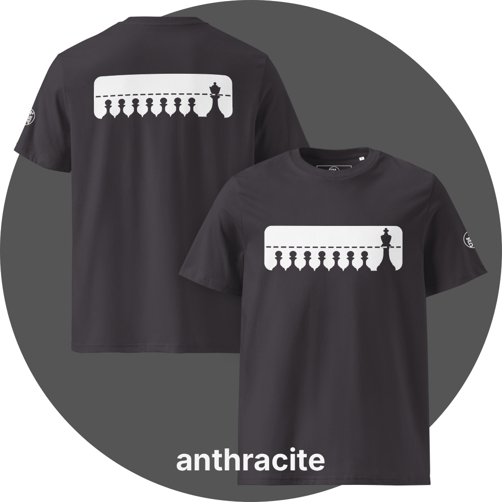 UN4RT anthracite organic cotton t-shirt shown from the front and back, both sides featuring a large white rectangular graphic with a row of eight black chess pawns standing below a dashed horizontal line. a taller black chess king (front side) / queen (back side) standing at the far right, small circular brand logo visible on both left sleeves.