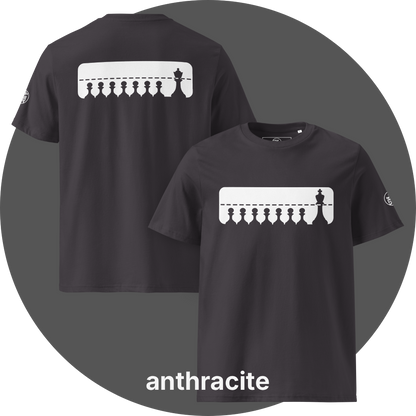 UN4RT anthracite organic cotton t-shirt shown from the front and back, both sides featuring a large white rectangular graphic with a row of eight black chess pawns standing below a dashed horizontal line. a taller black chess king (front side) / queen (back side) standing at the far right, small circular brand logo visible on both left sleeves.