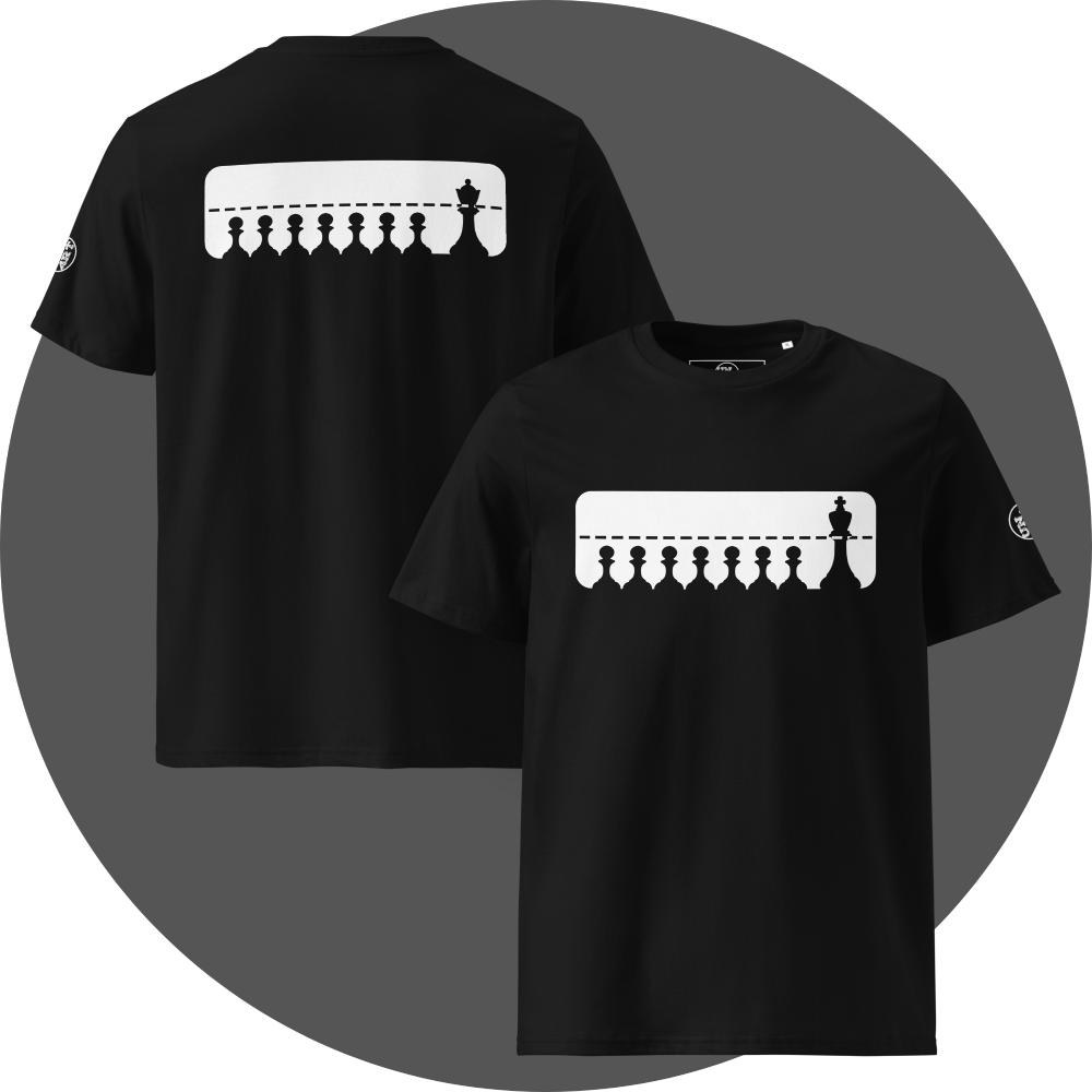 UN4RT black organic cotton t-shirt shown from the front and back, both sides featuring a large white rectangular graphic with a row of eight black chess pawns standing below a dashed horizontal line. a taller black chess king (front side) / queen (back side) standing at the far right, small circular brand logo visible on both left sleeves.
