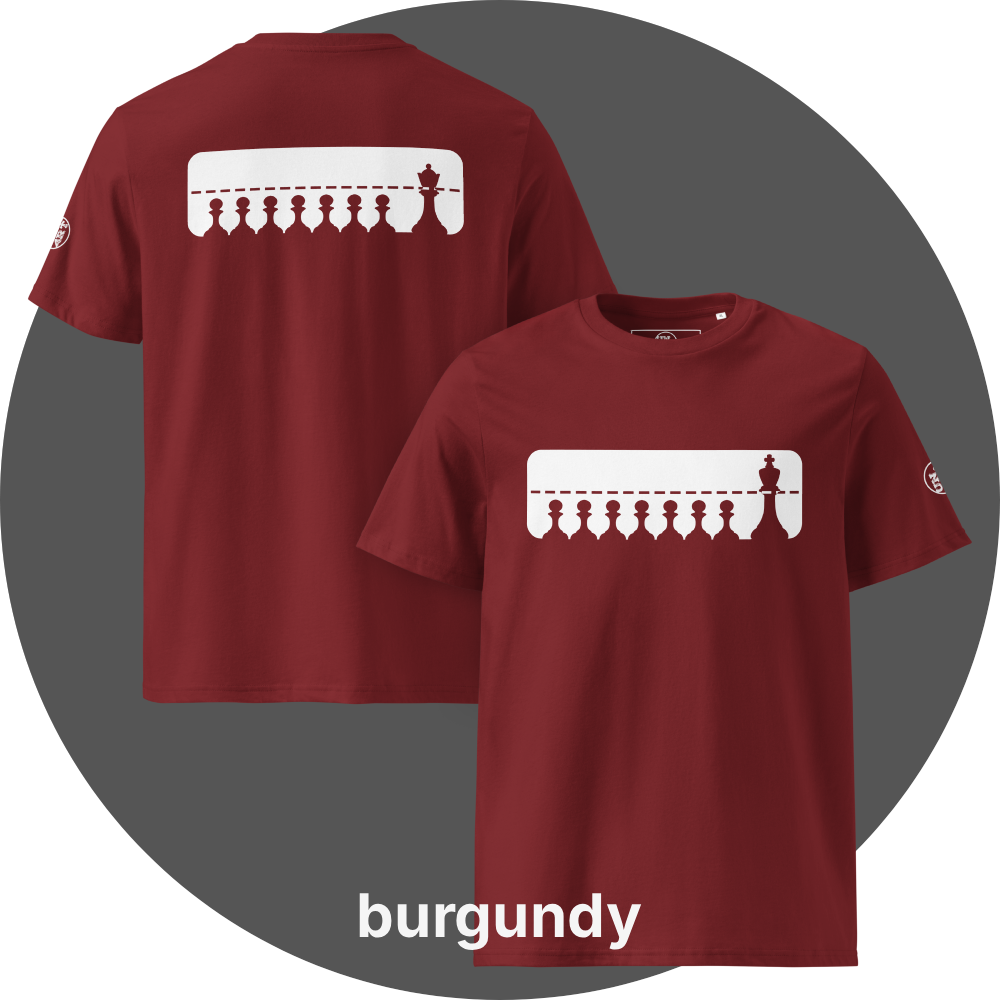UN4RT burgundy organic cotton t-shirt shown from the front and back, both sides featuring a large white rectangular graphic with a row of eight black chess pawns standing below a dashed horizontal line. a taller black chess king (front side) / queen (back side) standing at the far right, small circular brand logo visible on both left sleeves.