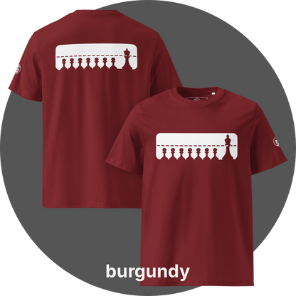 UN4RT burgundy organic cotton t-shirt shown from the front and back, both sides featuring a large white rectangular graphic with a row of eight black chess pawns standing below a dashed horizontal line. a taller black chess king (front side) / queen (back side) standing at the far right, small circular brand logo visible on both left sleeves.