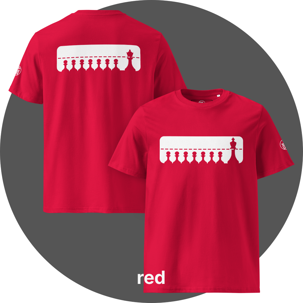 UN4RT red organic cotton t-shirt shown from the front and back, both sides featuring a large white rectangular graphic with a row of eight black chess pawns standing below a dashed horizontal line. a taller black chess king (front side) / queen (back side) standing at the far right, small circular brand logo visible on both left sleeves.