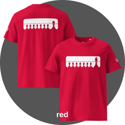 UN4RT red organic cotton t-shirt shown from the front and back, both sides featuring a large white rectangular graphic with a row of eight black chess pawns standing below a dashed horizontal line. a taller black chess king (front side) / queen (back side) standing at the far right, small circular brand logo visible on both left sleeves.